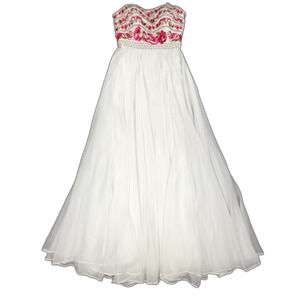 SHERRI HILL Strapless Chiffon Rhinestone Embroidery Embellished Prom Gown White